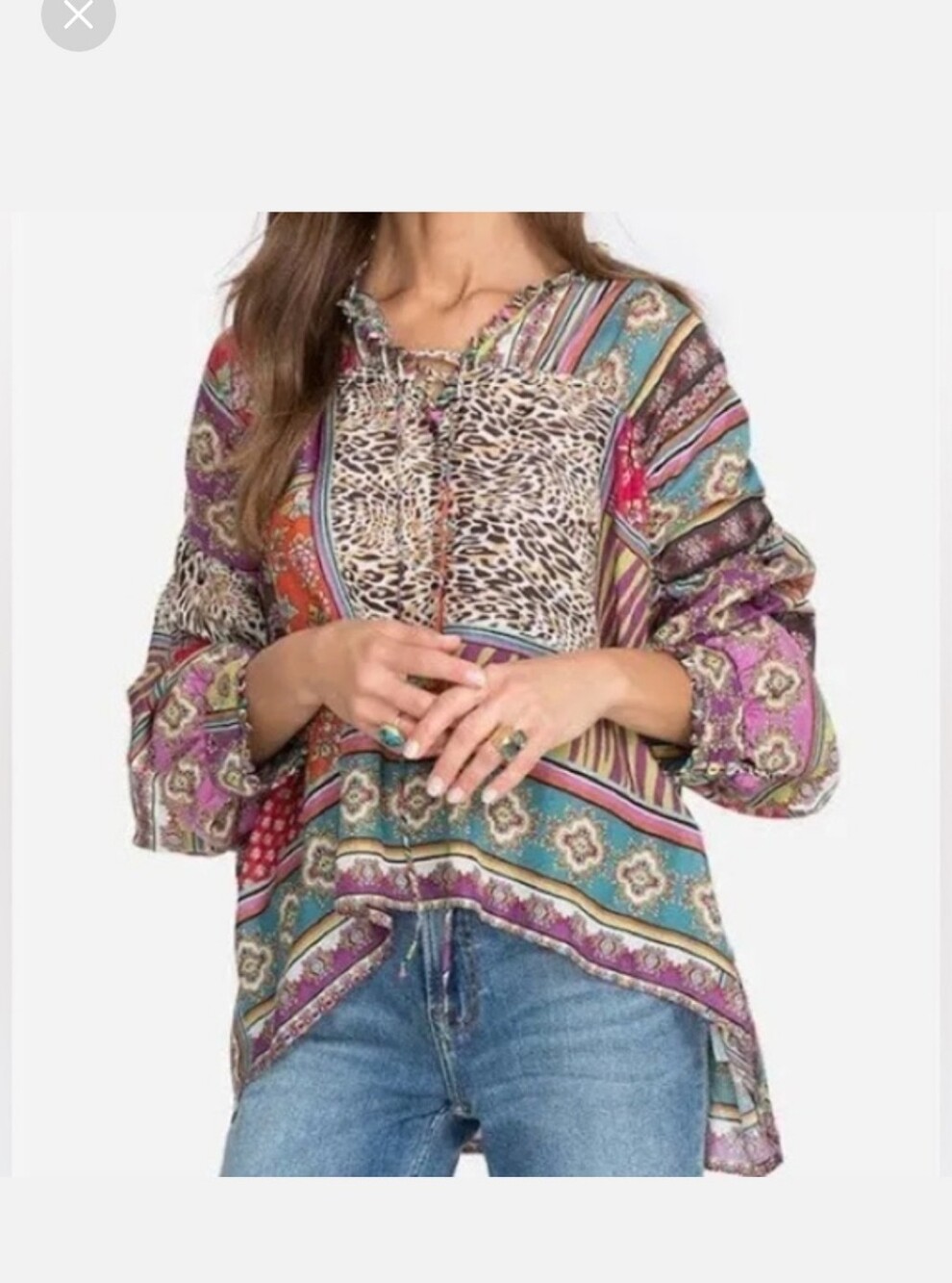 Johnny Was Patch Finn Lace-up Neck 100% Silk Top Sz Large